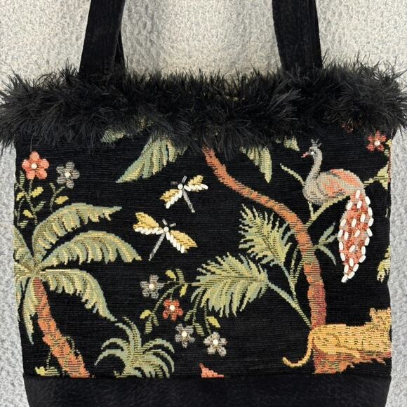 Vtg Tapestry Purse Floral Embroidery Velvet Leopard Peacock Dragonfly 80s Boho - Picture 1 of 13
